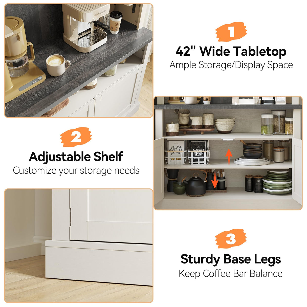 CABIHOME Farmhouse Coffee Bar Cabinet with Storage LED Buffet Cabinet 72" Coffee Hutch Cabinet Large Kitchen Sideboard with Wine Rack/Glass Shelf for Kitchen, Dining Room, Living Room CABIHOME