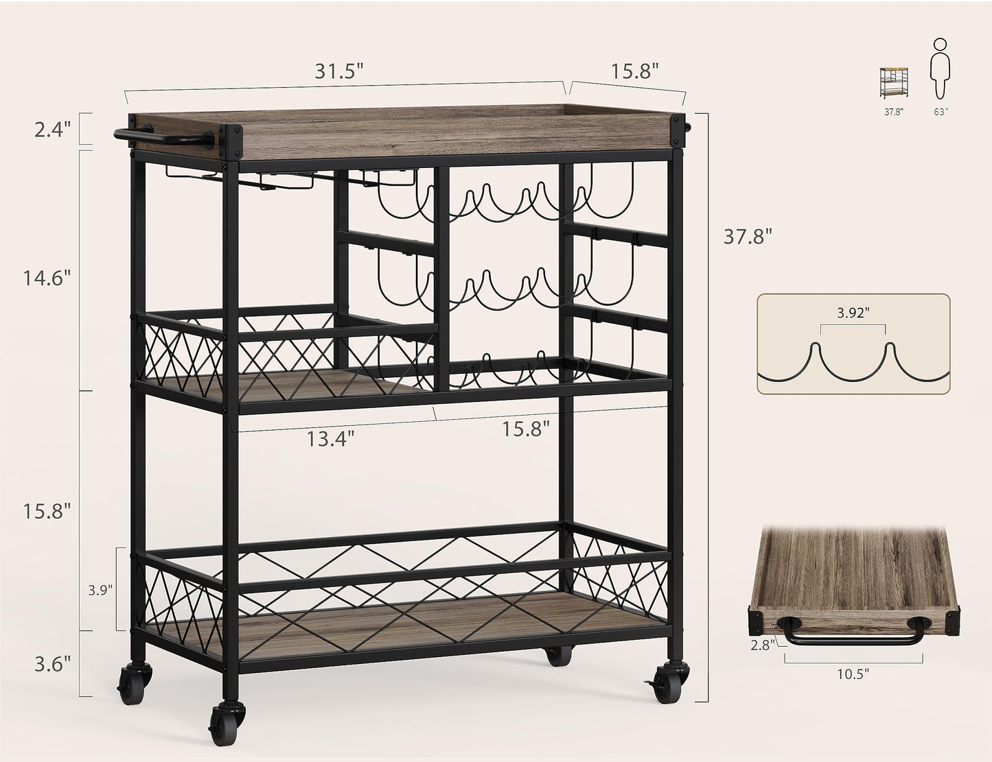 Gizoon 3 Tier 38" Home Bar Serving Cart with Large Storage Space, Mobile Kitchen Storage Trolley with Lockable Wheels, 12 Wine Rack, Glass Holder, Removable Tray (Gray) - WoodArtSupply