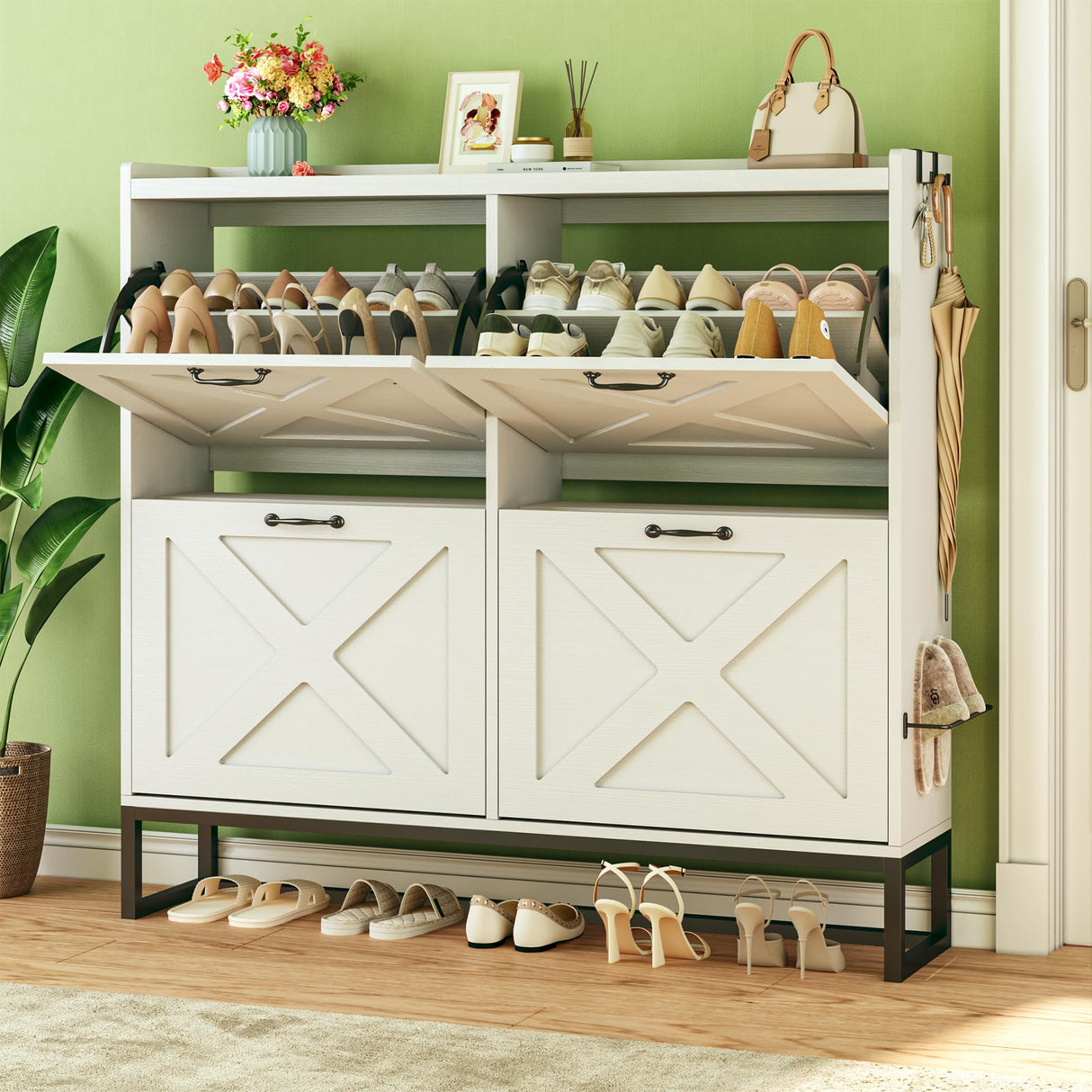 HUAHUU Shoe Cabinet with 4 Flip Drawers, Shoe Storage Cabinet with Mounted Rack & Adjustable Shelves, Shoe Cabinets Storage for Entryway, Hallway, Narrow Shoe Cabinet with Metal Legs, White HUAHUU