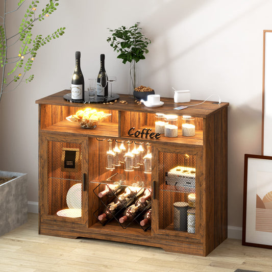 LVSOMT Bar Cabinet with Wine Rack and Glass Holder, LED Sensor Lights Farmhouse Coffee Bar Cabinet for Liquor and Glasses, Sideboard Buffet Cabinet with 2 Shelves 4 Adjustable storage Mesh Do - WoodArtSupply