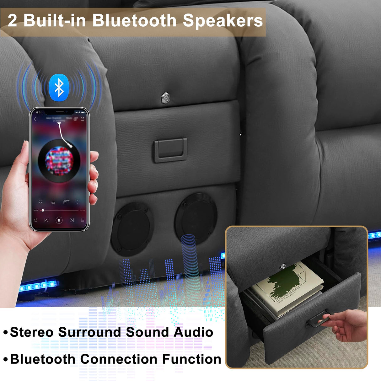 URRED Loveseat Recliner Sofa with Massage and Heat, Power Reclining Loveseat Sofa RV Couch with Console, Home Theater Seating with LED Lights, Bluetooth Speakers, USB, Outlets, Leathaire, Gray URRED