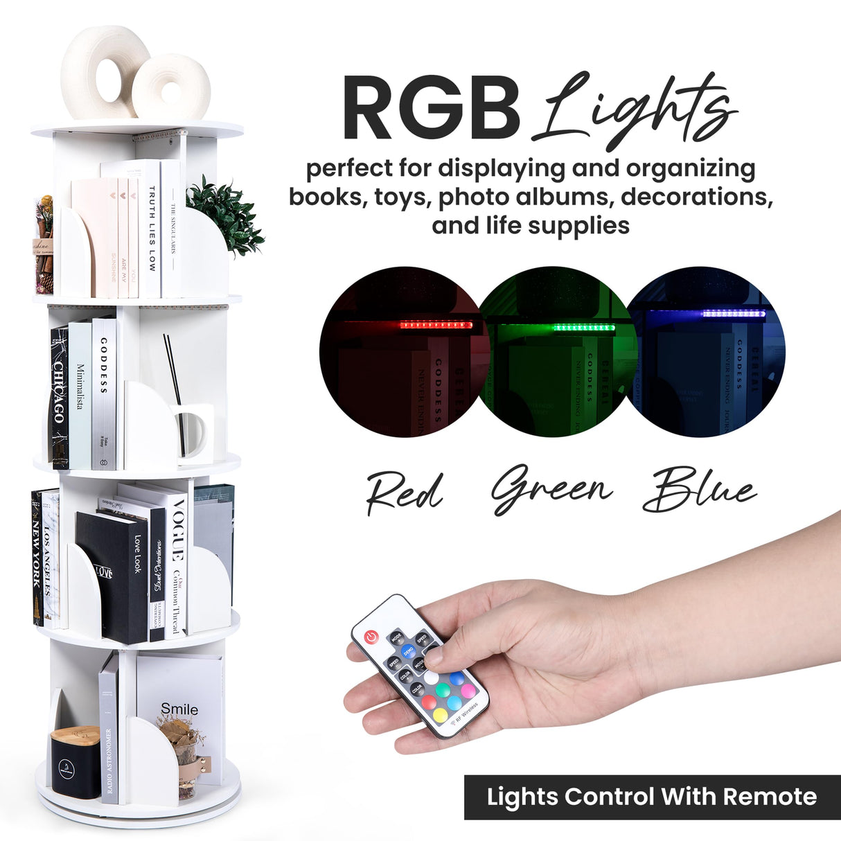 Luminous 4-Tier Revolving Bookshelf with LED Lights – Modern 360° Spinning Bookshelf Tower with Remote Control for Everyone | Space Saving Bookshelf Ideal for Any Room – Available in Black & White Generic