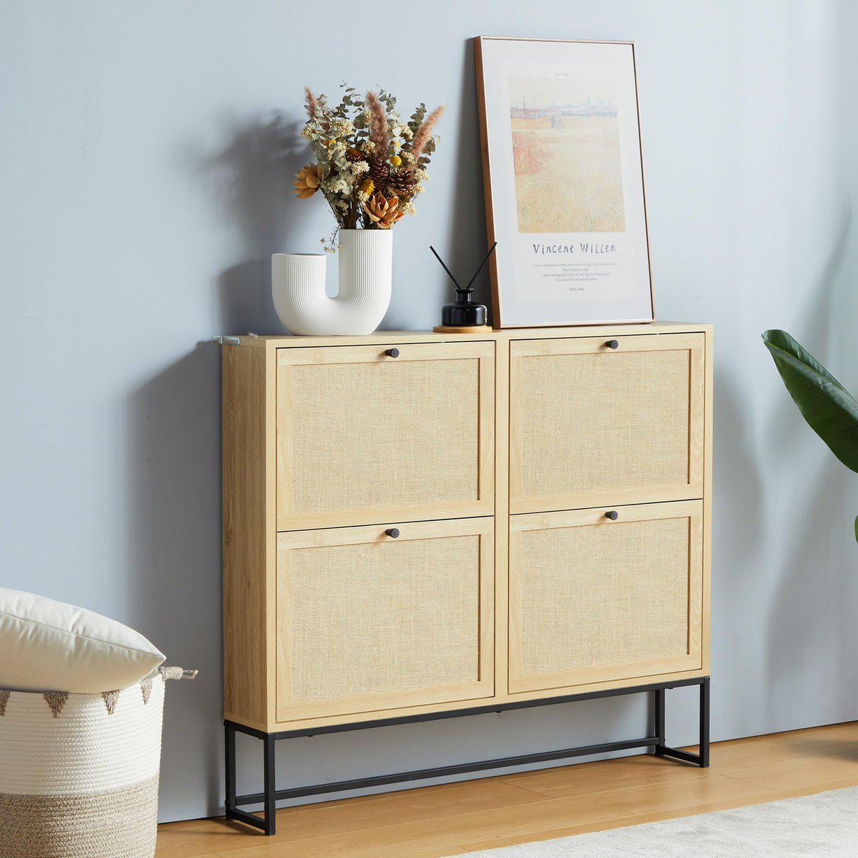 NVETHM Shoe Cabinet, Shoe Storage Cabinet with 4 Flax Flip Drawers and Mental Legs,Shoe Rack Free Standing Shoe Organizer for Entryway, Living Room (Natural) NVETHM