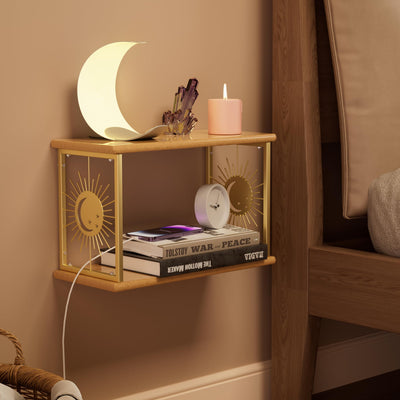 Floating Nightstand by Apresolar - Natural Solid Wood Bedside Table with Celestial Design and 2-Tier Shelf