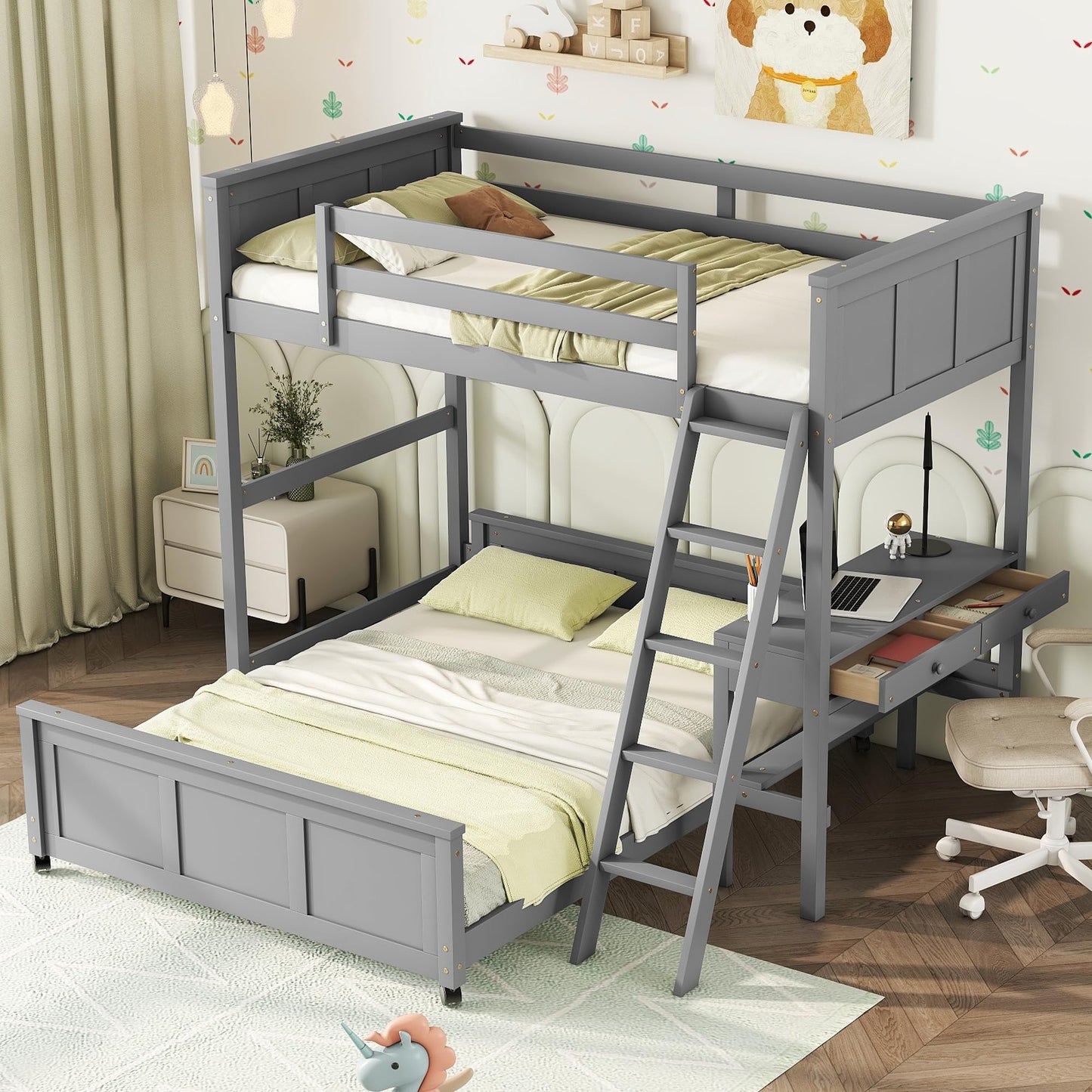 Harper & Bright Designs Twin Over Full Bunk Bed with Desk and Storage Drawers in Grey