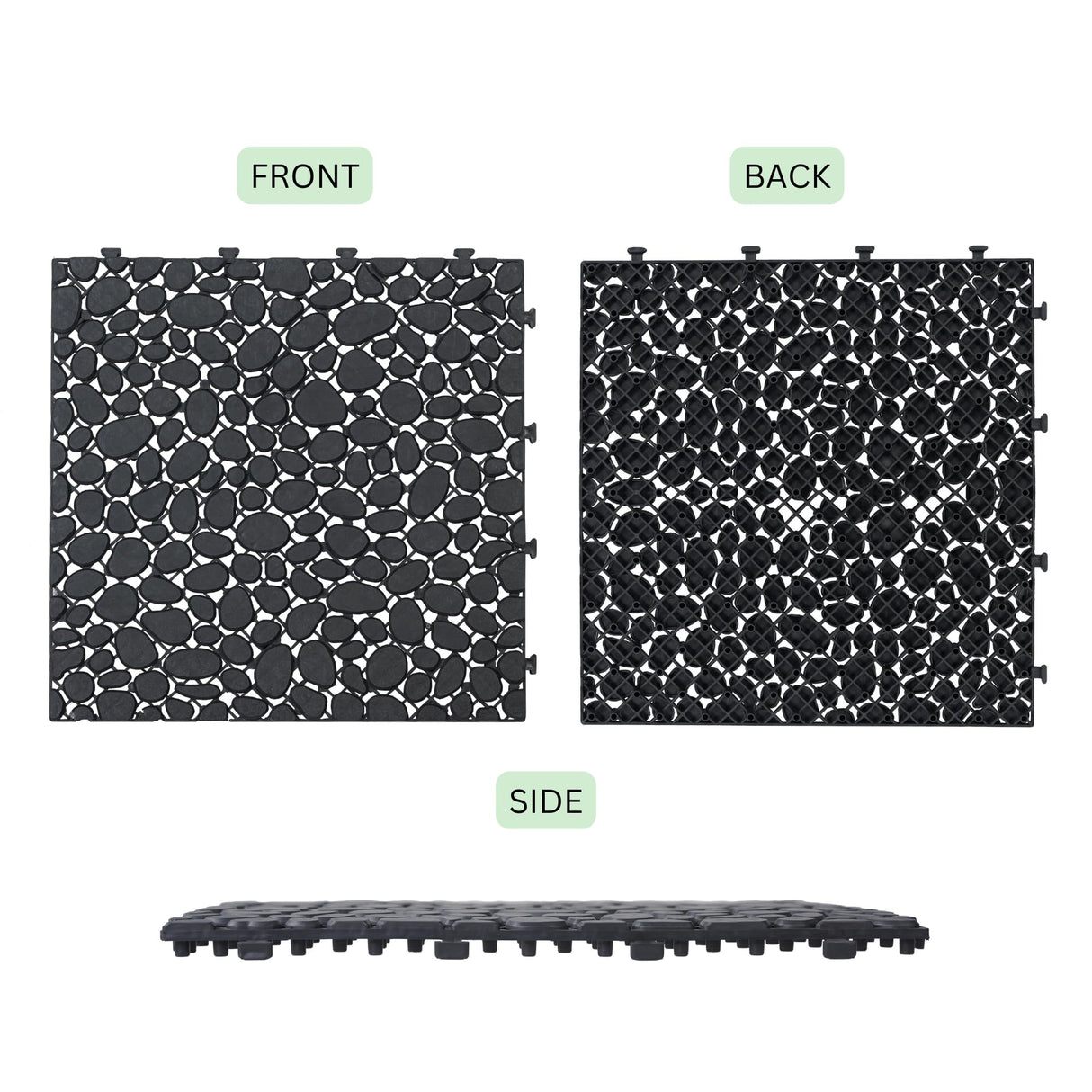 60 Pcs Floor Tiles, Pebble Pattern Plastic Interlocking Deck Tiles, 12" x 12" Patio Tile Outdoor Interlocking All Weather, Outdoor Waterproof Flooring for Bathroom Shower, Balcony, Porch, Black cloblane