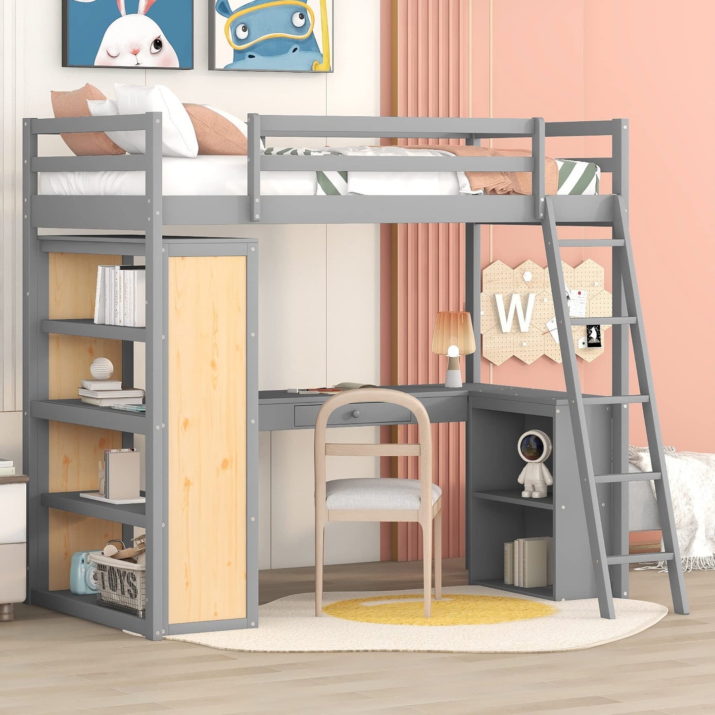 Harper & Bright Designs Twin Loft Bed with Desk, Shelves, and Storage in Grey - WoodArtSupply