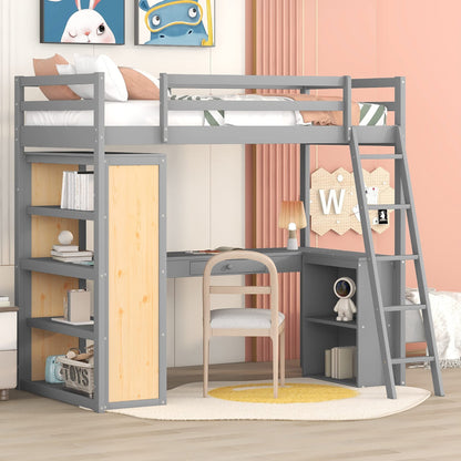 Harper & Bright Designs Twin Loft Bed with Desk, Shelves, and Storage in Grey - WoodArtSupply