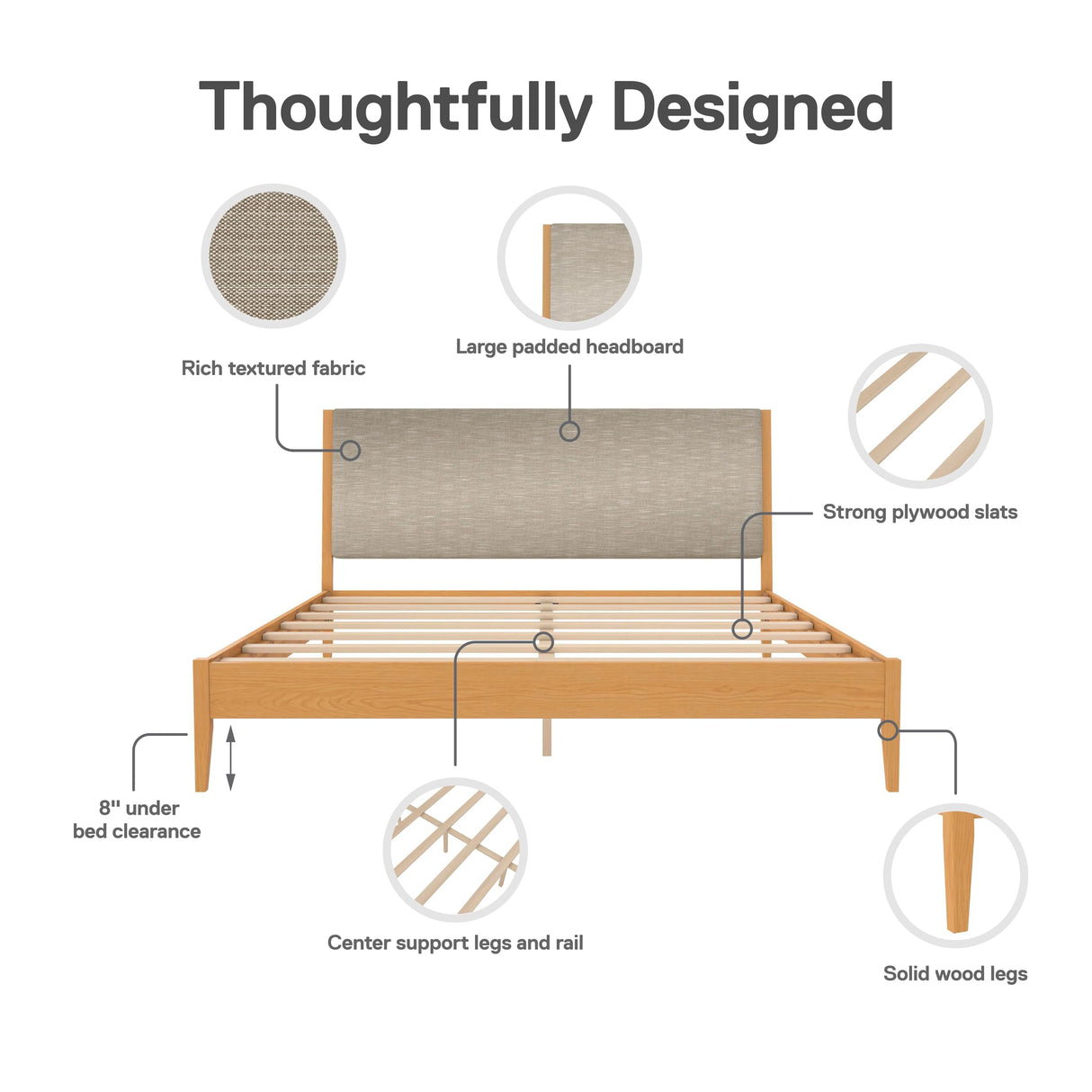 DHP Dacin Wood Bed Frame with Upholstered Headboard, King, Beige Linen DHP