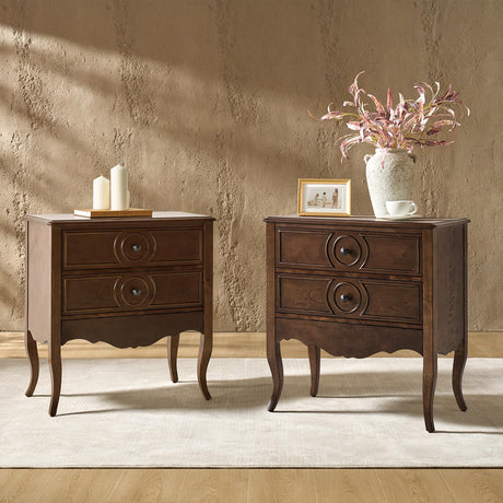 HULALA HOME Wood Nightstands Set of 2 with Charging Station, Bedside Tables 3 Drawer Dressers with Wooden High Legs Hiding Drawer, Vintage Storages End Tables for Bedroom, Walnut HULALA HOME