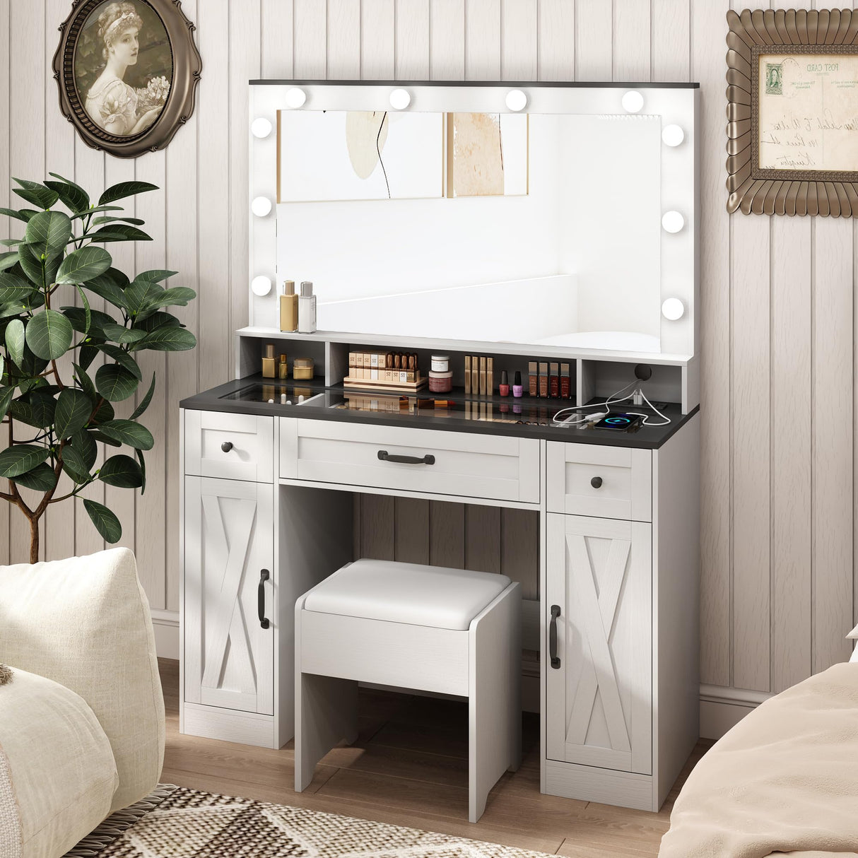 Vabches Vanity Desk with Mirror and Lights,Glass Top,Makeup Vanity Table Set with Stool,Charging Station and 3 Lighting Modes,2 Cabinets 3 Drawers Dressing Table，White Vabches