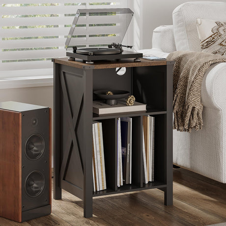 ChooChoo Record Player Stand with Vinyl Storage, Turntable Stand with Charging Station, Record Storage Cabinet, End Side Table for Living Room, Bedroom, Black ChooChoo