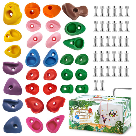 TOPNEW 32 Rock Climbing Holds Multi Size for Kids, Adult Rock Wall Holds Climbing Rock Wall Grips for Indoor and Outdoor Playground Play Set - Includes 2 Inch Mounting Hardware TOPNEW