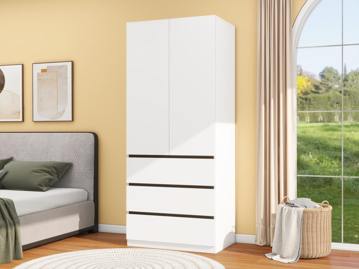 LABROSKIA Wooden Wardrobe Closet with 2 Doors: 75" Bedroom Armoire Wardrobe Closet with 3 Drawers, White Cabinet with Hanging Shelves, Large Storage Cabinet (Modern, 1) LABROSKIA
