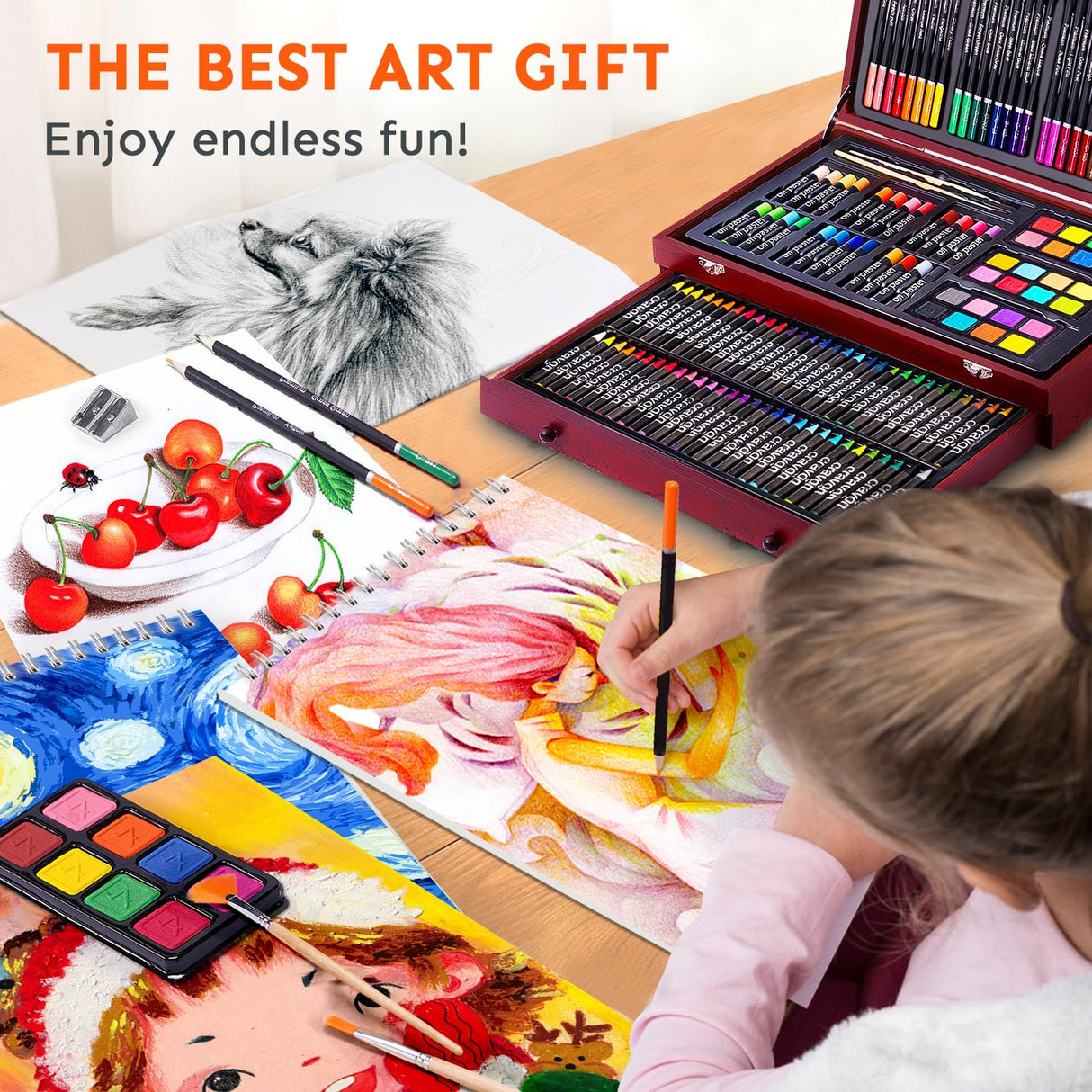 145 Piece Deluxe Art Set with 2 x 50 Sheet Drawing Pad, Art Supplies Wooden Art Box, Drawing Painting Kit with Crayons, Oil Pastels, Colored Pencils, Creative Gift Box for Adults Artist Beginners COOL BANK