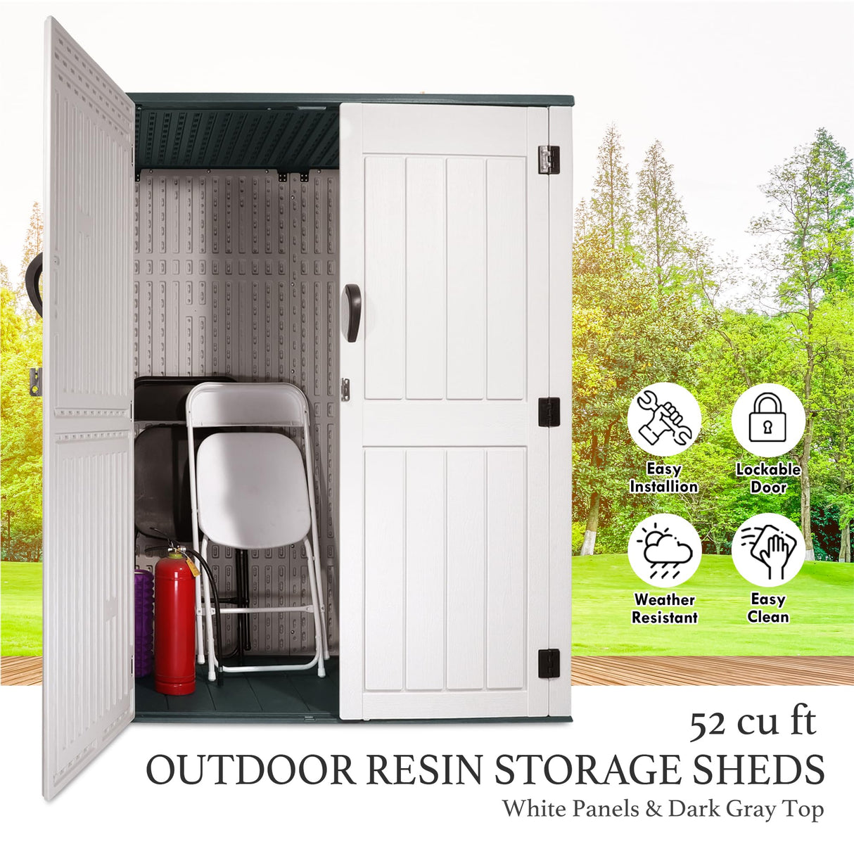 Plainsity Outdoor Storage Cabinet, 52 Cu ft Resin Storage Box for Patio Garden Yard - Weatherproof Outdoor Storage Shed for Tools Pool Supplies - Lockable Vertical Storage Shed Plainsity