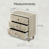 COZAYH 3-Drawer Bedroom Dresser with Carved Floral Front, Distressed Weathered White Finish – Rustic, Boho, French Country, Farmhouse Nightstand with Smooth Glide Storage Drawers COZAYH