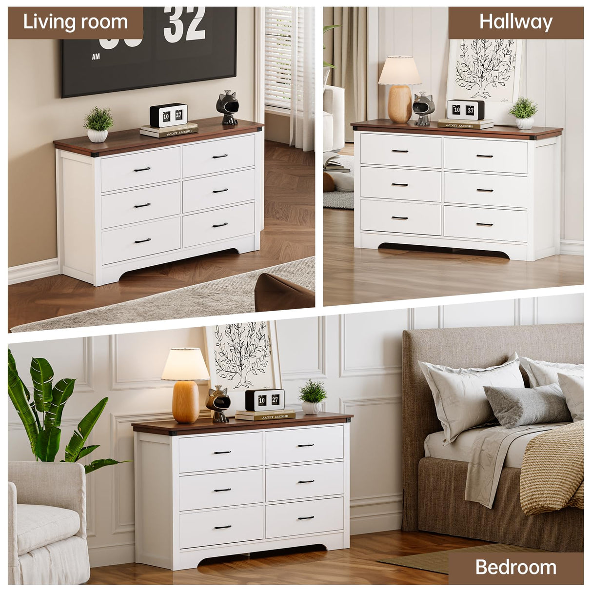 Farmhouse 6 drawer dresser for bedroom, 51" Wide chest of drawers, Wood white dresser with Metal Handle and Anti-Tipping Device, Storage Dressers Organizer for Bedroom, Living Room, Hallway, White Airynee