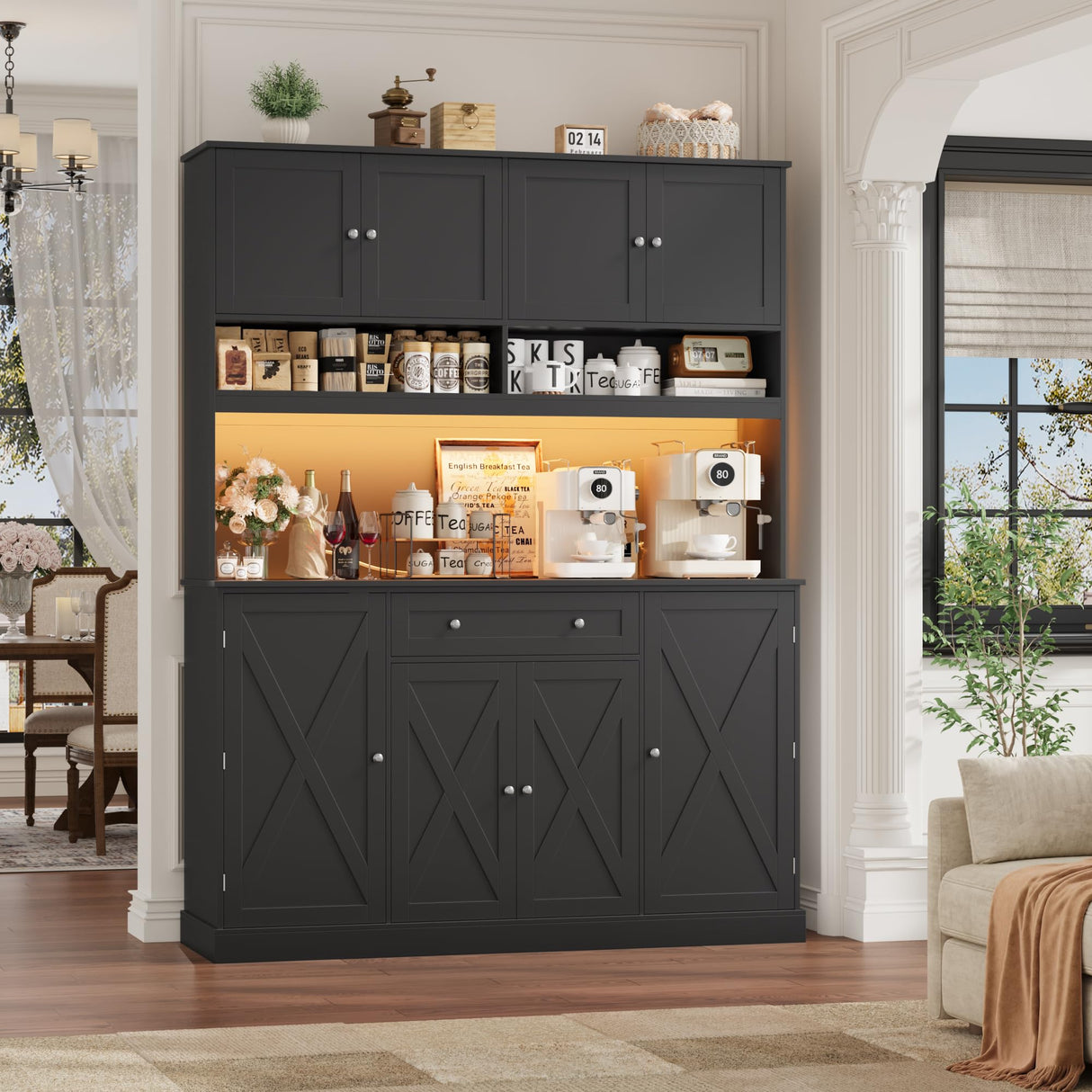 HIFIT 72.8” Tall Kitchen Pantry Cabinet with LED & Charging Station, 55” Wide Farmhouse Pantry Storage Cabinet with Microwave Stand&Shelves&Barn Doors, Black Kitchen Hutch Coffee Bar for Living Room HIFIT