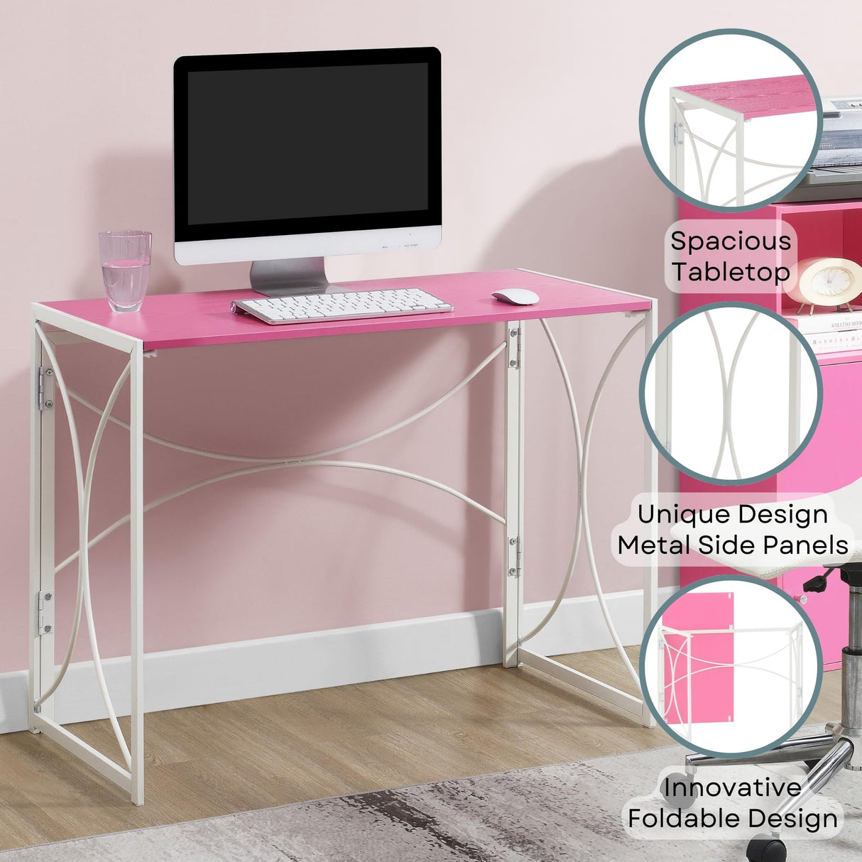 Convenience Concepts Designs2Go Nova Folding Desk 39.5" - Contemporary Modern Office Table, Makeup Vanity and Crafts Table, No Tools Assembly & Easy to Store, Pink/White Convenience Concepts