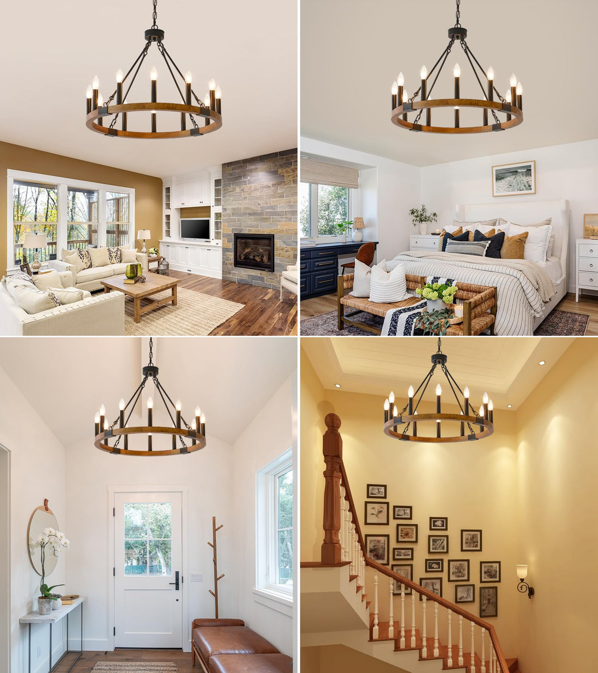 HHR 26 Inch 12-Light Solid Wood Wagon Wheel Chandelier High Ceiling Island Lights Fixtures,Black Rustic Candle Chandelier for Farmhouse Dining Room Bedroom Entryway Living Room Restaurant café HHR