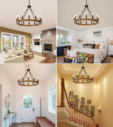 HHR 26 Inch 12-Light Solid Wood Wagon Wheel Chandelier High Ceiling Island Lights Fixtures,Black Rustic Candle Chandelier for Farmhouse Dining Room Bedroom Entryway Living Room Restaurant café HHR