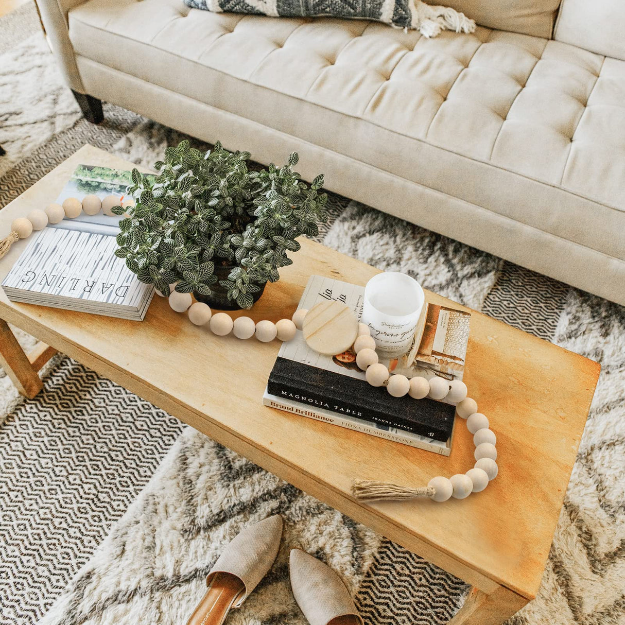 AceList 72in Large Wood Bead Garland Decorative Beads with Tassels, Long Wooden Beads Garland, Coffee Table Decor, Perfect Boho Farmhouse Bookshelf Mantel Tray Centerpiece Ornament (1.5" Diameter) AceList