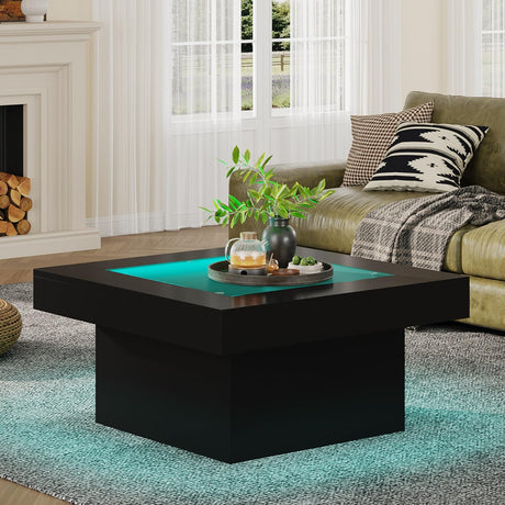 Square Coffee Table with LED Lights, 35.4" Coffee Tables for Living Room, Tempered Glass-top Coffee Table, Black Modern Center Table, Engineered Wood Low Coffee Table for Home Office Gyfimoie