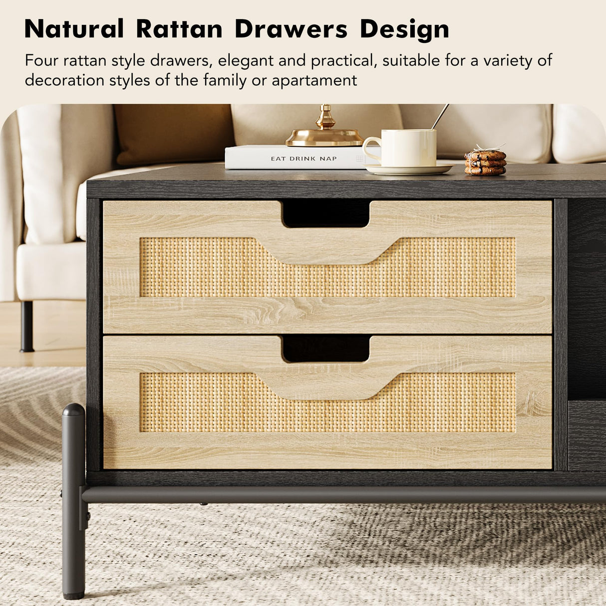 GAOMON Modern Coffee Table, 39.4" Rectangular Coffee Table with Nature Rattan Drawers and Storage Shelves, Funky Center Table with Led Lights, Black Cocktail Table for Living Room Apartment GAOMON