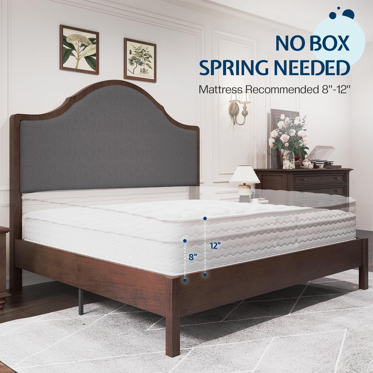 Jocisland Wood Queen Size Bed Frame with Tall Upholstered Curved Headboard, Solid Wood Platform, No Box Spring Needed, Wood Slat Support, Brown Jocisland