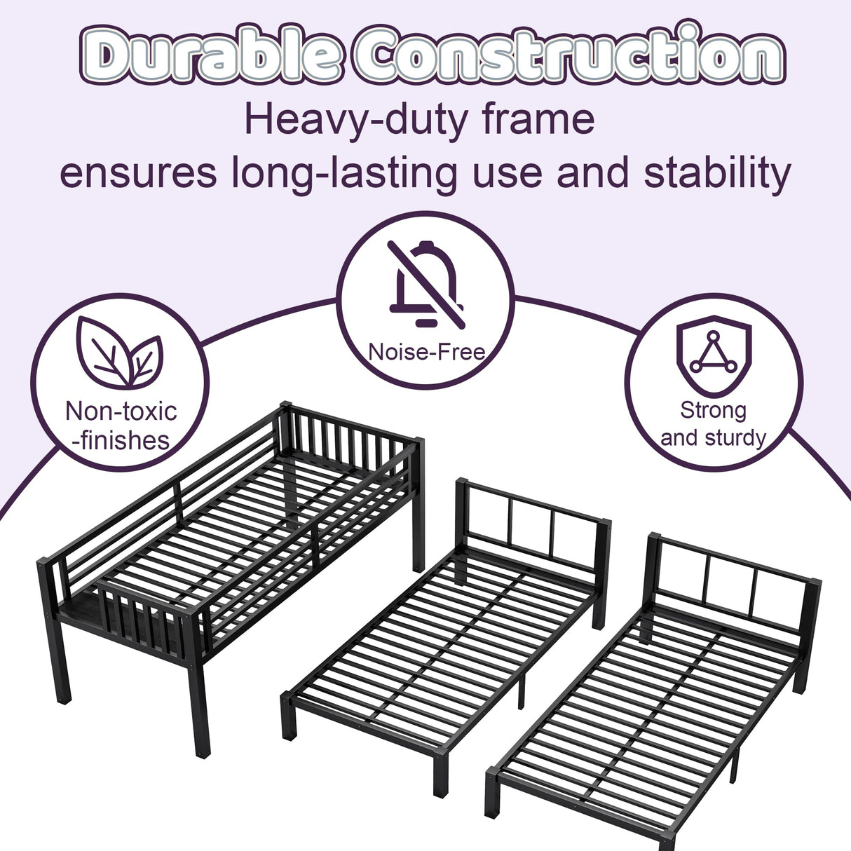 Duxelifin Triple Bunk Bed with LED Lights,Metal Bunk Beds Convertible to 3 Beds with Charging Station,Heavy Duty Bunk Bed Frame with Guardrails and Ladder, for Kids Teens(Black) ﻿ Duxelifin