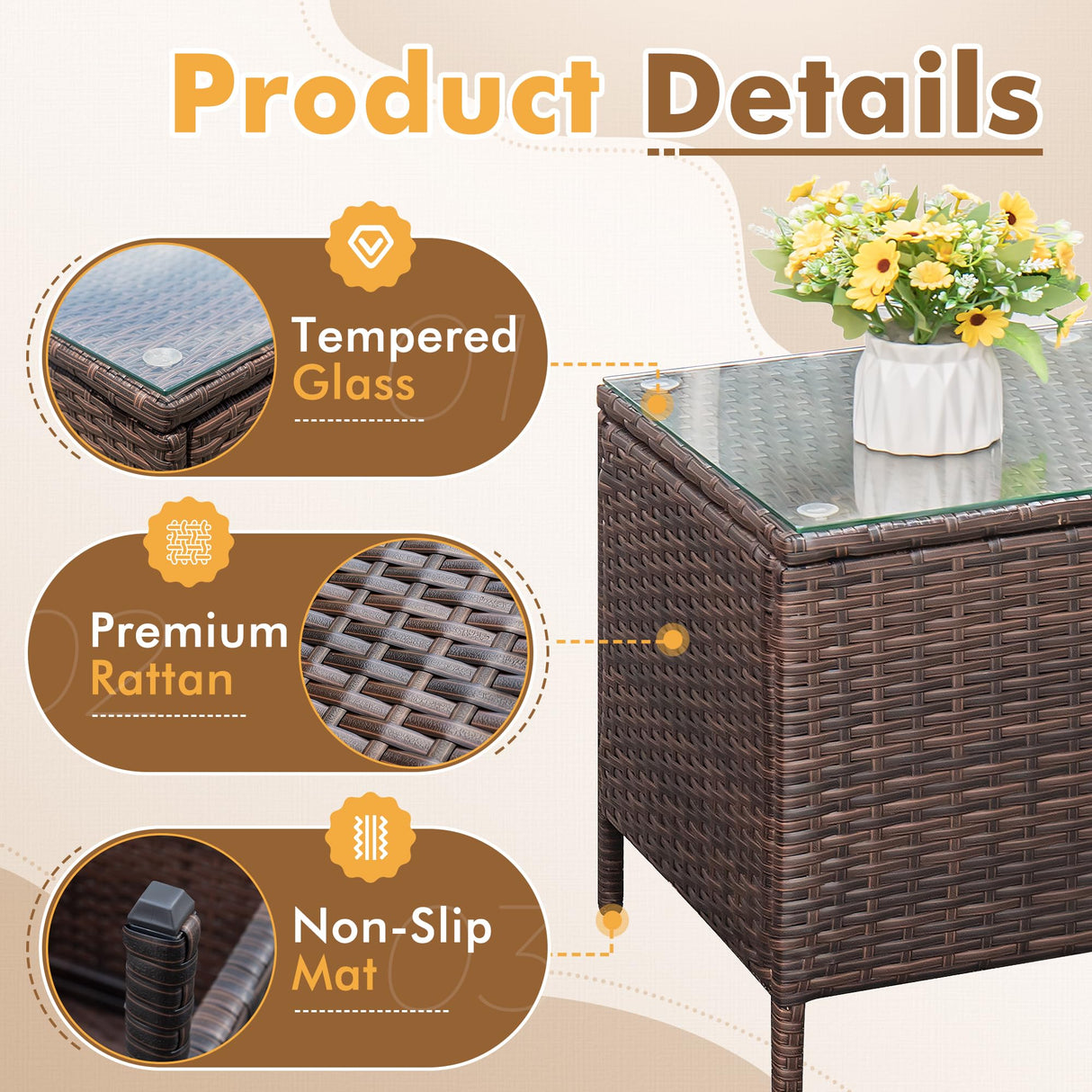 Flamaker Patio Furniture Set 3 Pieces All-Weather Rattan Outdoor Furniture Patio Chairs with Tempered Glass Table for Porch Bistro Balcony (Brown/Cream) Flamaker