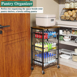 OKZEST 4-Tier Small Kitchen Storage Cart on Wheels, Metal Fruit Basket Stand with Pull-Out Baskets & Wood Top for Potato Onion Produce Snack Veggies OKZEST