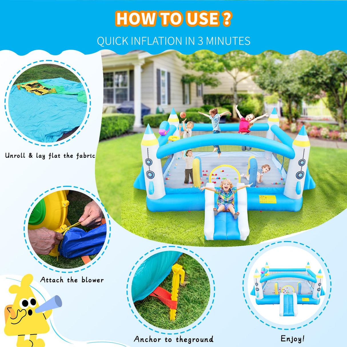 Large Bounce House for Big Kids, 16.5ft x 15ft Inflatable Bouncy Houses with Slide, Bouncy Area, Obstacle Arch, Basketball Hoop & Dart Game, Blue Bouncer Jump House Holds 6 Kids Aged 3-10, 650W Blower Ytonisld