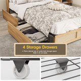 Fameill Twin Bed Frame with LED Light and Storage Rattan Headboard and 4 Drawers,Charging Station,Metal Platform with Strong Metal Slats Support,Boho Cane Bed Mattress Foundation No Box Spring Needed Fameill