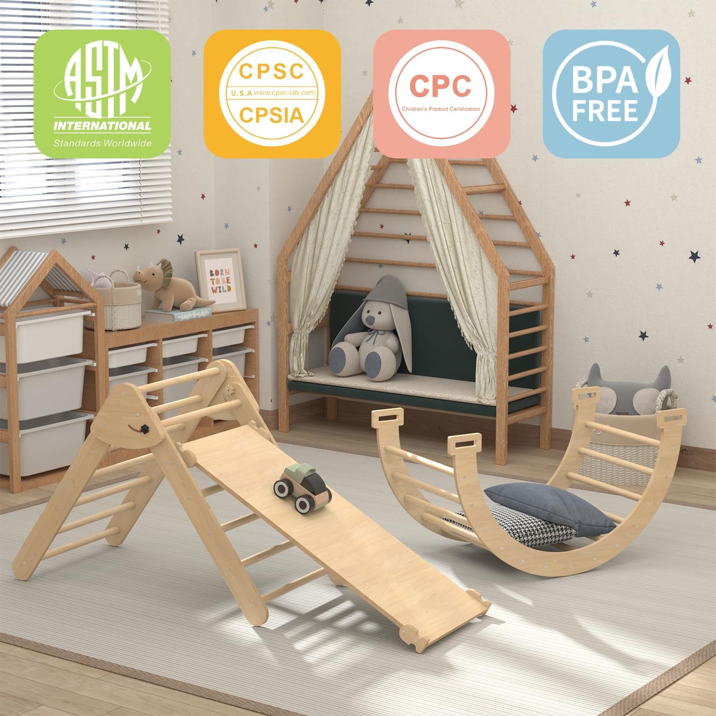 Wanmwill 5 in 1 Pikler Triangle Set, Wooden Montessori Climbing Toys, Toddler Indoor Playground, Foldable Baby Climbing Toys, Kids Jungle Gym with Ramp, Arche Rocker and Triangle (Natural