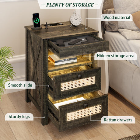 ACTKISS Night Stand with Gun Drawer, Bedside Table with Charging Station & LED Light, Gun Nightstand for Bedroom Living Room, Farmhouse End Table, Rustic ACTKISS