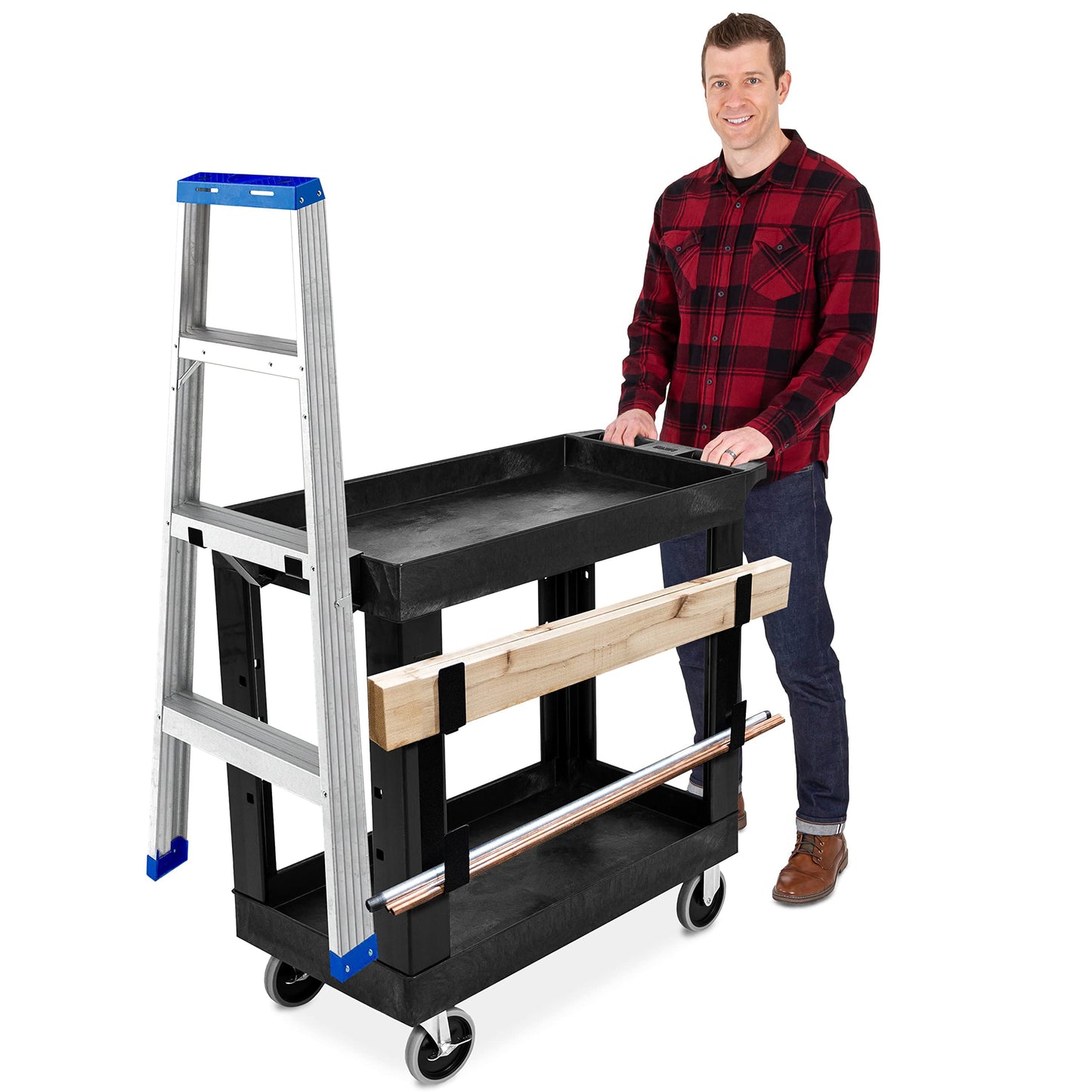 Stand Steady Tubstr 2 Shelf Utility Cart | Heavy Duty Service Cart Holds 400 lbs. | Adjustable Storage Hooks, Ladder & Spool Holders | Tub Cart for - WoodArtSupply