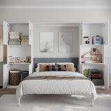 Mekminop Modern Queen Murphy Bed with Storage Cabinet and Open Shelves, Hidden Foldable Wall Cabinet Bed Frame with Wood Slat, Space-Saving, No Spring Box Required, White Mekminop