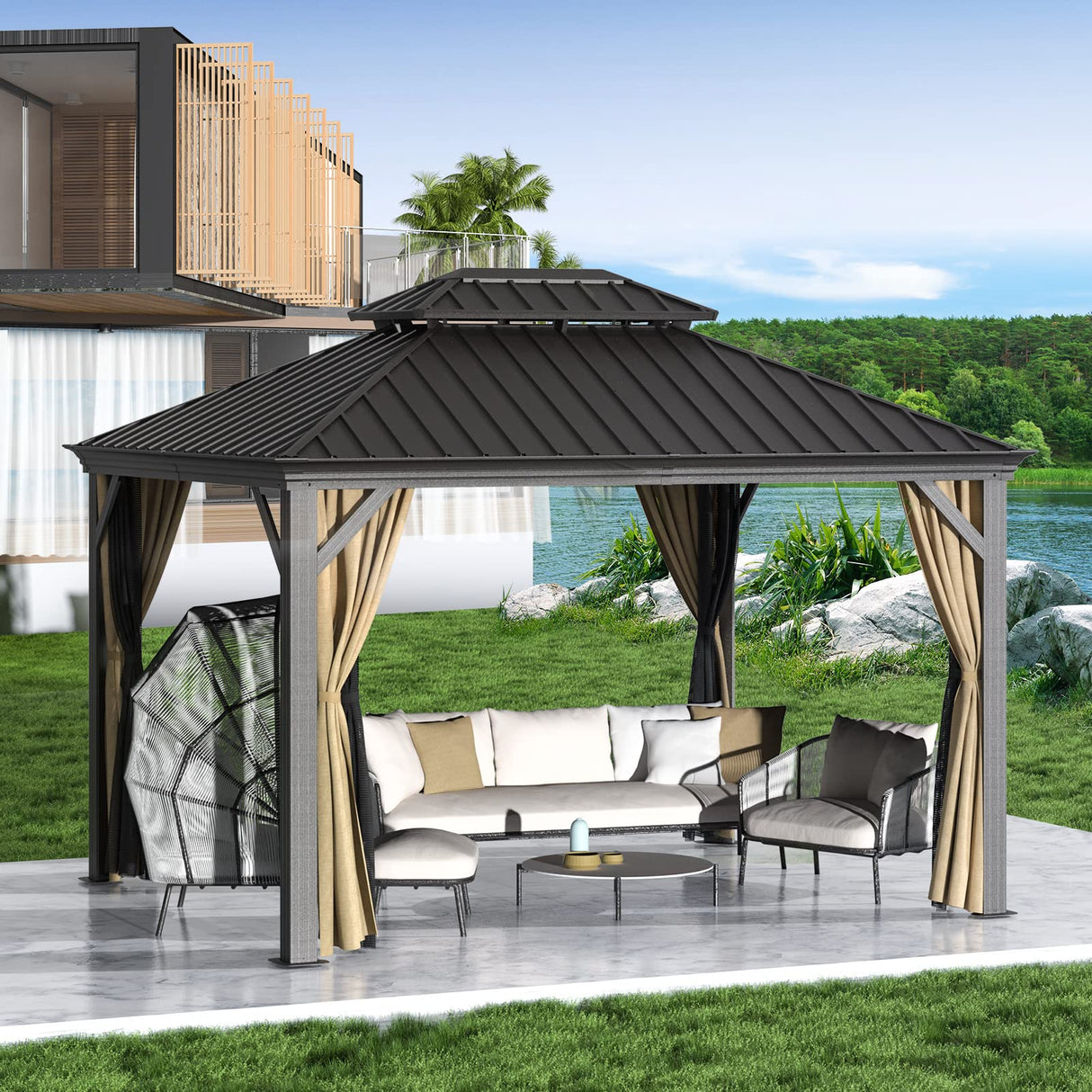 Gazebo 10' x 12' with Mosquito Net and Privacy Sidewalls, Patio Aluminum Permanent Gazebo, All Weatherproof Outdoor Hardtop Metal Gazebos MOWOX POWER