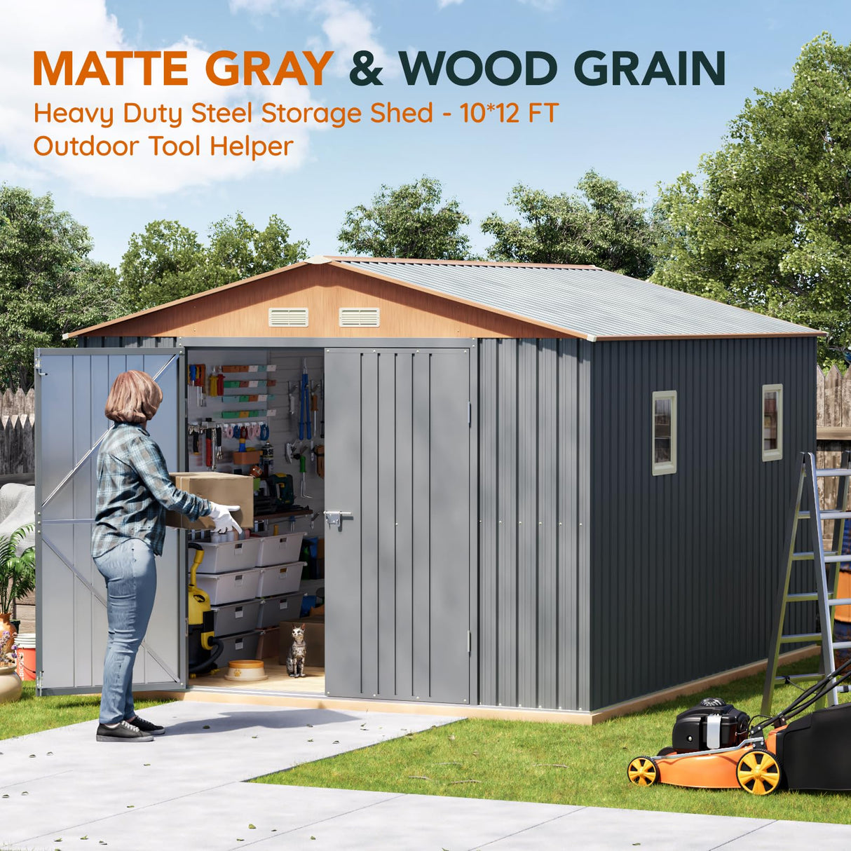 10x12x7.4FT Multi-Used Shed & Outdoor Storage Shed with Lockable Doors, Windows and Vents, Extra Large Metal Tool Shed for Garden, Backyard, Patio, Utility, and Various Storage Shed(Matte Gray) Verdeluxe