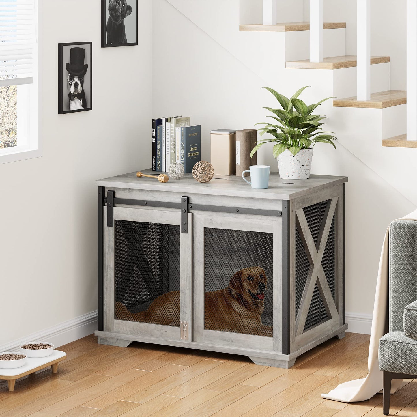 GAOMON 37'' Sliding Barn Door Dog Crate Furniture with Flip Top and Movable Divider, Dog Kennel Side End Table, Wooden Dog Crate Table, Grey - WoodArtSupply