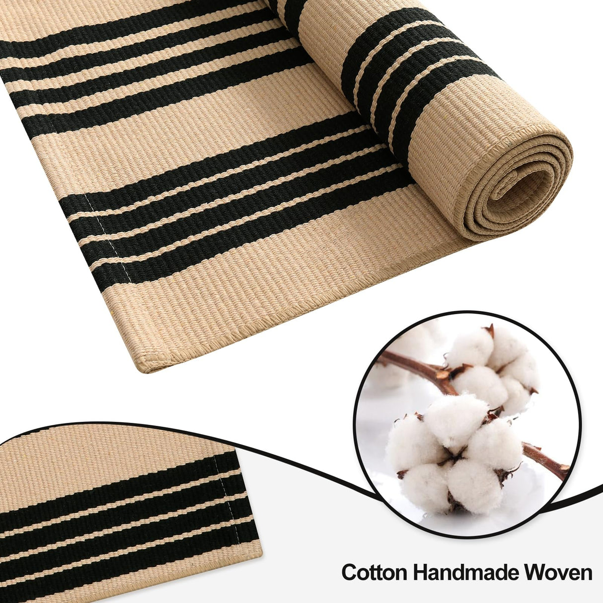 OJIA Outdoor Patio Rug 5'x7', Black and Tan Striped Outdoor Rugs Machine Washable Area Rugs Cotton Hand Woven Indoor Outdoor Rugs for Bedroom/Living Room/Front Porch/Deck/Backyard/Camping OJIA