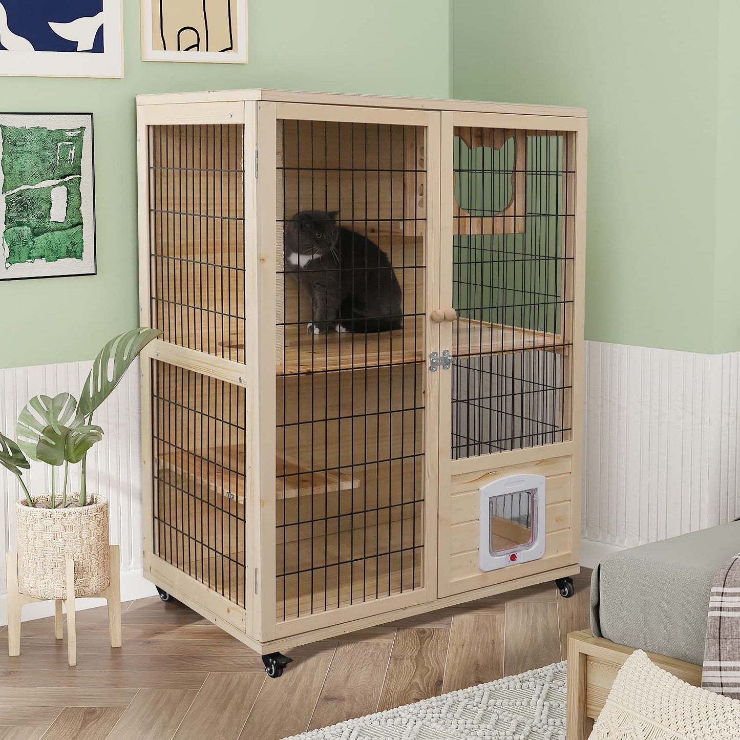 PANTAZO Wooden Cat House Large Space Cat Cage with Scratching Post and Lockable Wheels Double Layer Cat House with Escape Door Outdoor/Indoor… - WoodArtSupply