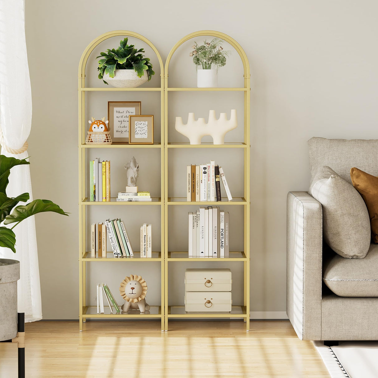 Homhedy Bookshelf Arched Display Racks,Metal Bookcase,Tempered Glass Shelves,Storage Rack Shelf for Home Office,Living Room,Bedroom, Bathroom,Modern Style (Golden, 11.8" D x 13.8" W x 57.1" H) Homhedy