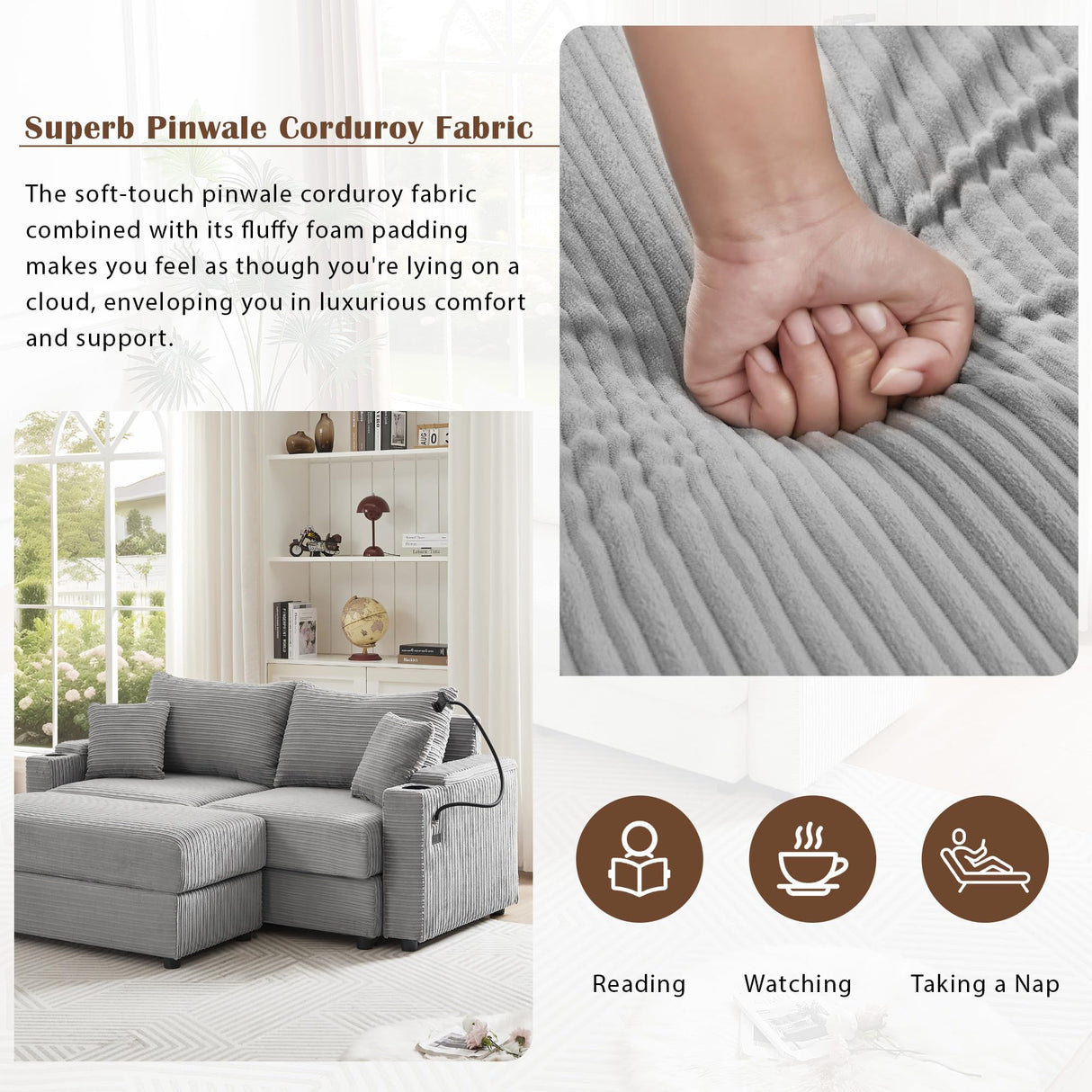 Deep Seat Modular Sectional Sofa Cloud Couch with Movable Ottoman, Corduroy Upholstered Oversized Loveseat Convertible Sleeper Sofabed Lounge Daybed w/Cup Holders & 2 USB Ports & Phone Holder Eafurn