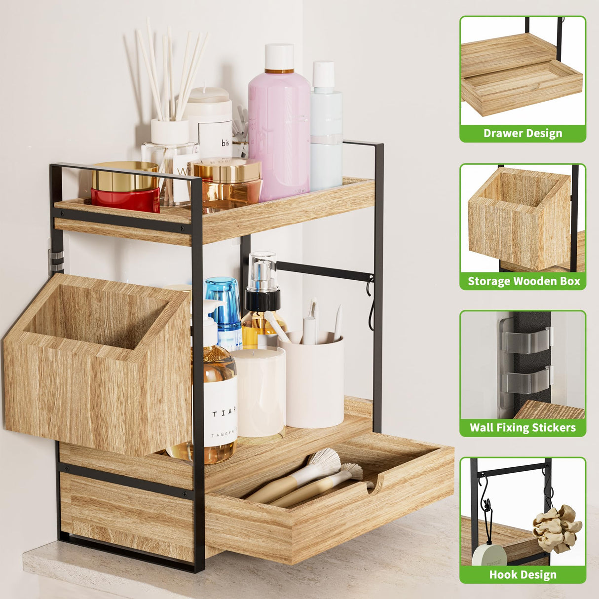 Aollewoiti 2-Tier Bathroom Counter Organizer with Drawer and Basket, Wood Countertop Organizer for Storage, Skincare Organizers for Vanity, Counter Shelf for Bathroom Organization Aollewoiti