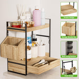 Aollewoiti 2-Tier Bathroom Counter Organizer with Drawer and Basket, Wood Countertop Organizer for Storage, Skincare Organizers for Vanity, Counter Shelf for Bathroom Organization Aollewoiti