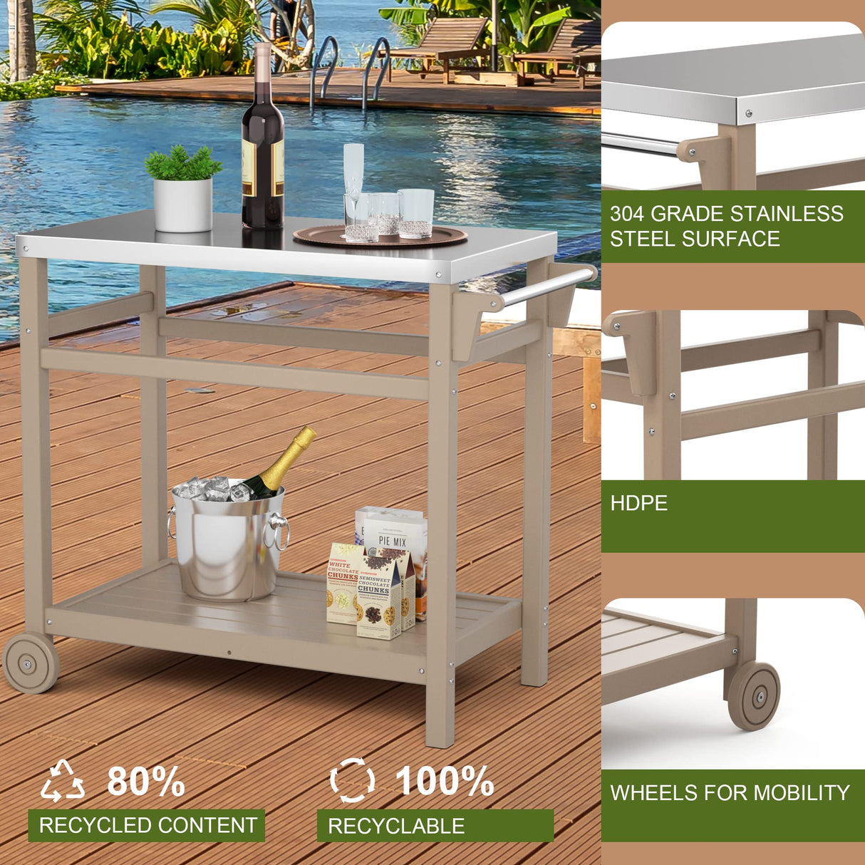 TORVA Outdoor Prep Grill Carts, 303 Stainless Steel Tabletop with High Load Capacity Portable BBQ Table, HDPE Durable Frame 2-Tier Storage Cart, Wood TORVA