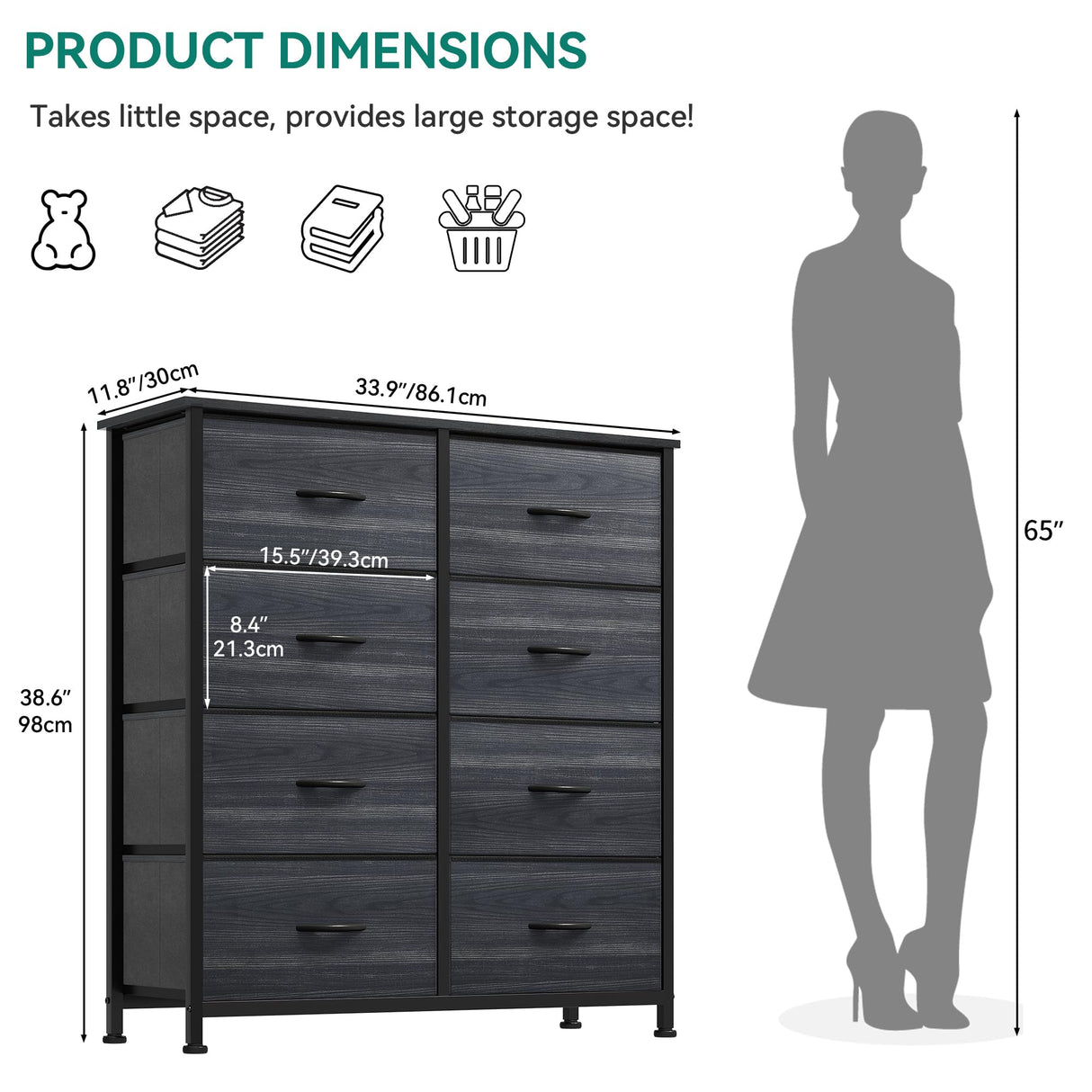 YITAHOME Dresser with 8 Drawers - Fabric Storage Tower, Organizer Unit for Bedroom, Hallway, Closets - Sturdy Steel Frame, Wooden Top & Easy Pull Fabric Bins YITAHOME